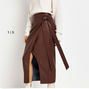 Brown faux leather wrap midi skirt